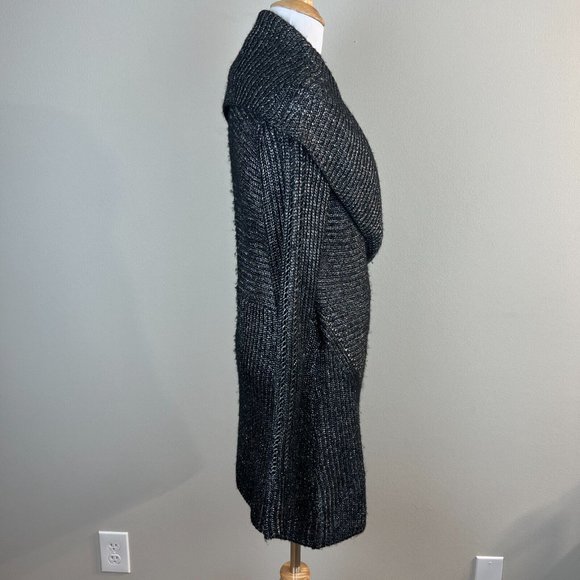 Cache Cardigan Sweater Medium Black Silver Metallic Knit Belted Shawl Collar New - Picture 6 of 14